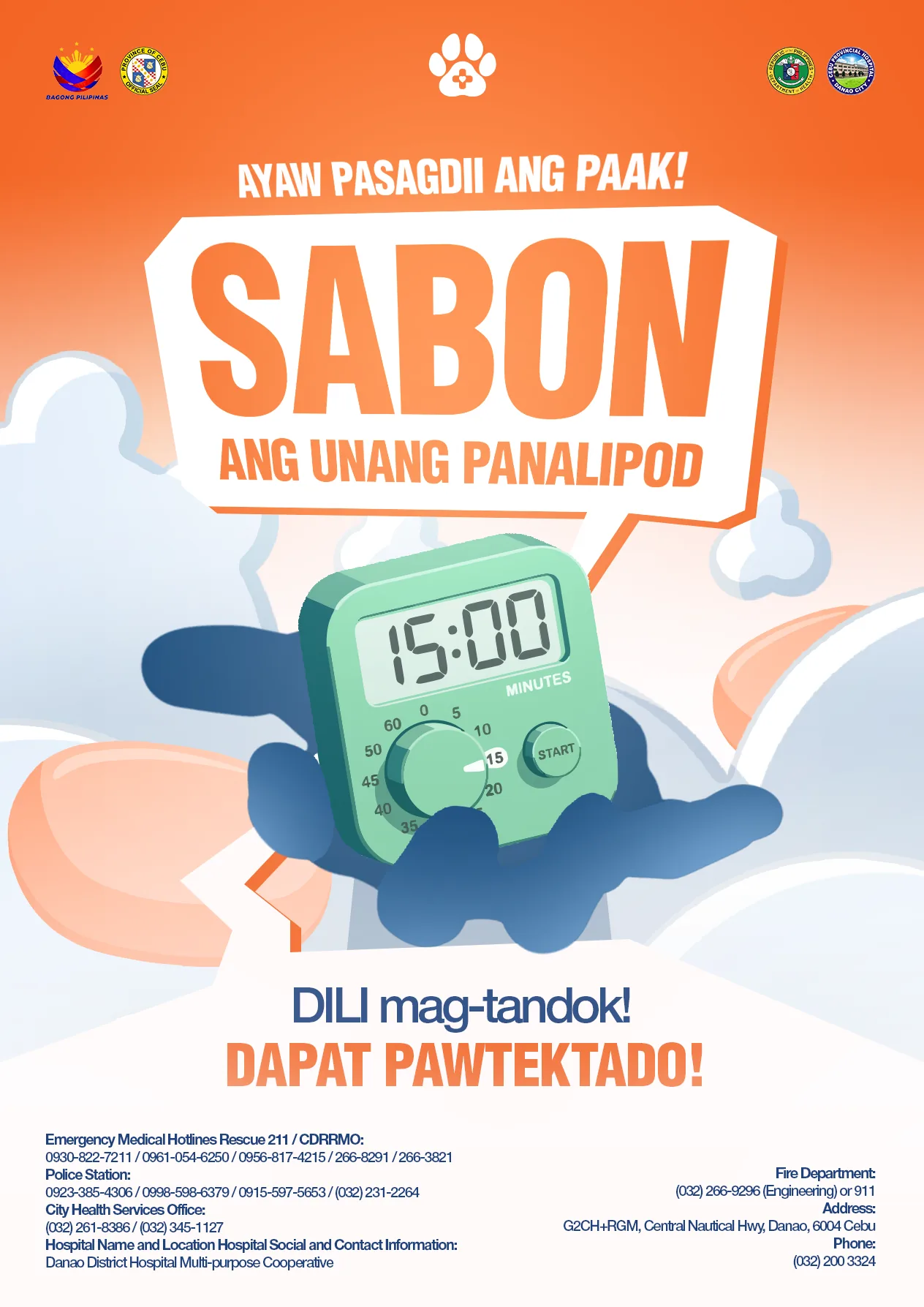 Orange poster: Sabon ang unang panalipod, with a fifteen minute timer