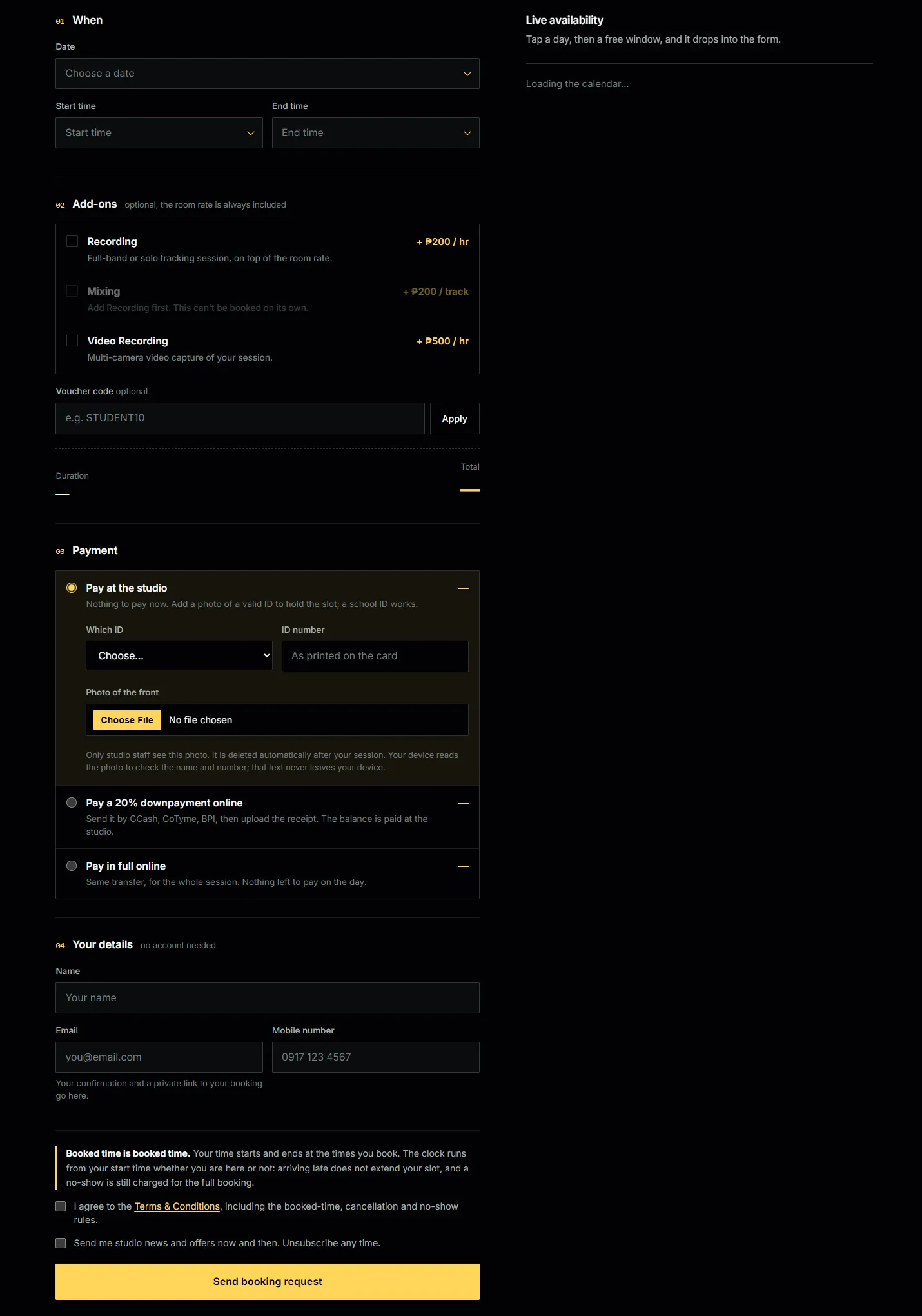 Booking form with date, add-ons and payment options