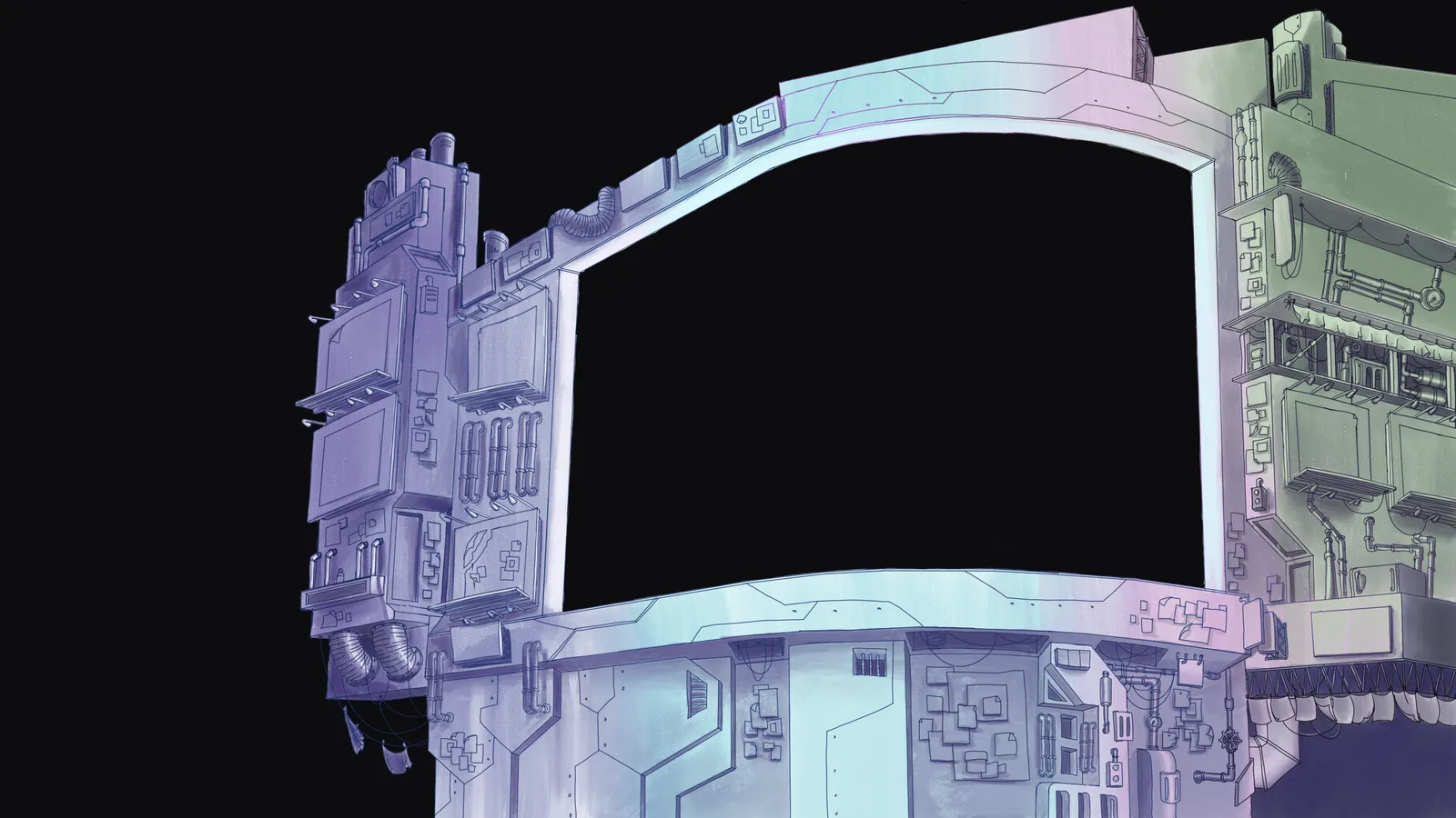 Hand-drawn futuristic billboard building