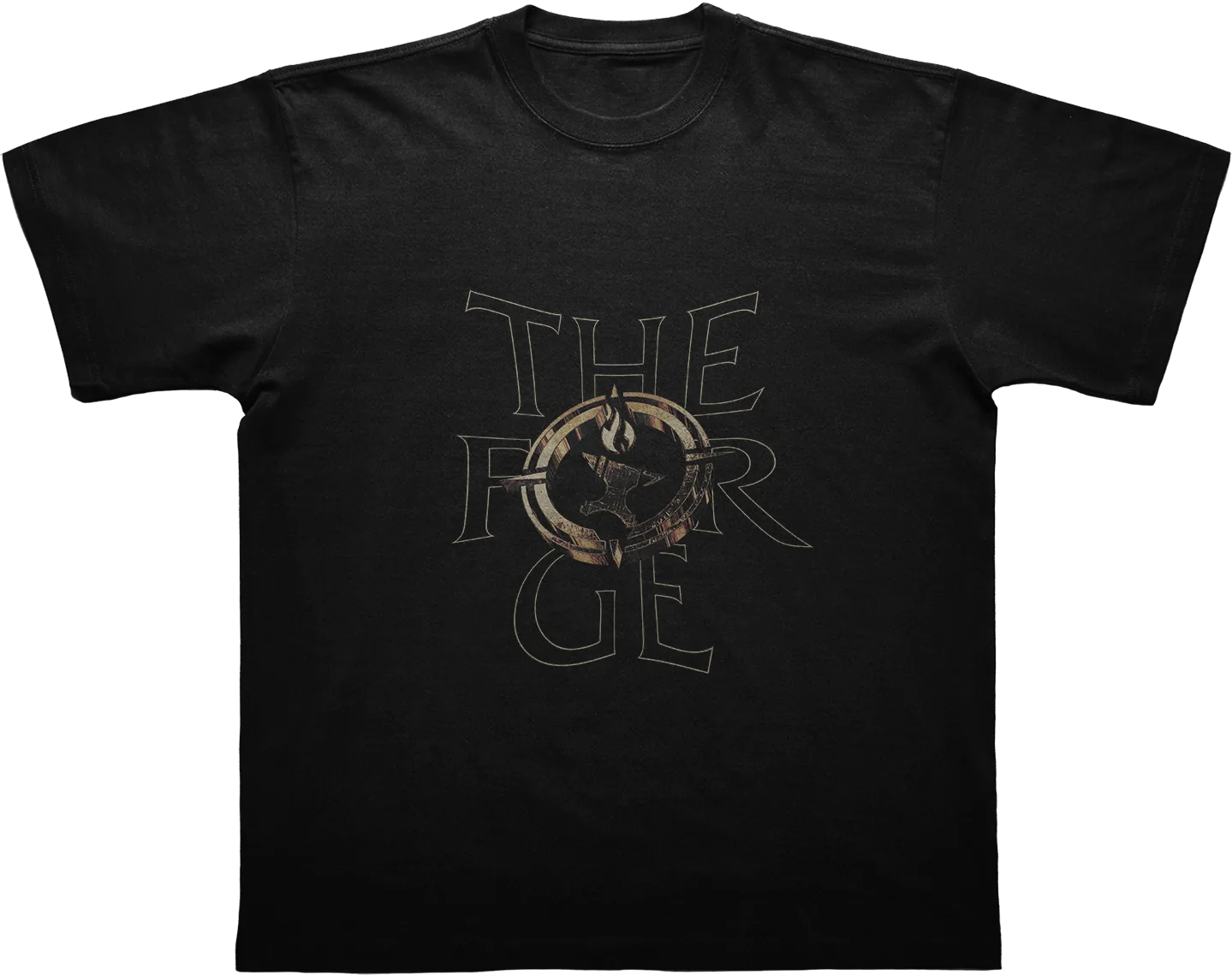 Black shirt with a large layered The Forge wordmark