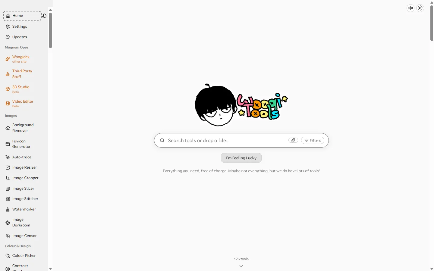 Woogi Tools homepage with a hand-drawn logo and a search bar