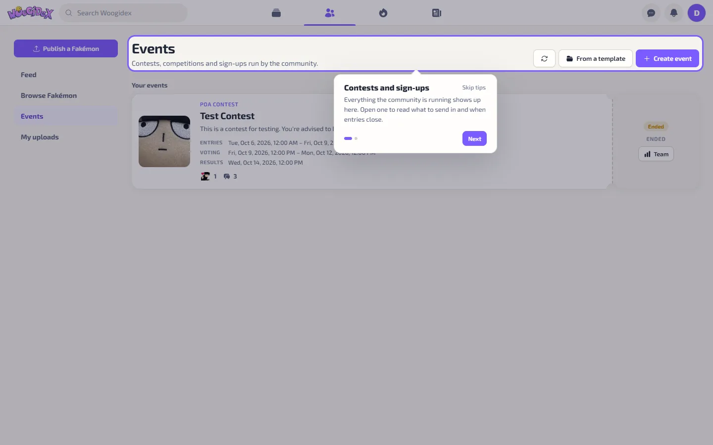 Events page listing a contest with dates